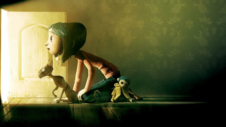 Coraline peers out a door