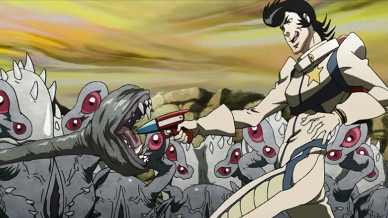 Dandy points gun at alien Space Dandy