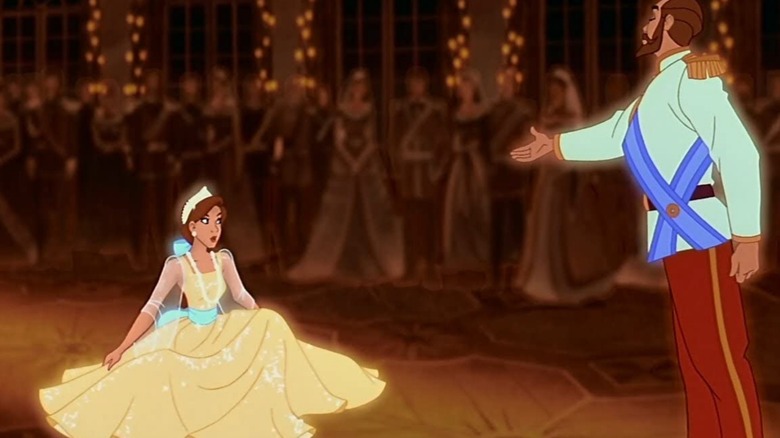 Anastasia curtsies, father extends hand to her