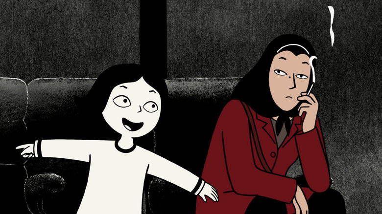 Older version of Marjane smokes and looks at her younger self
