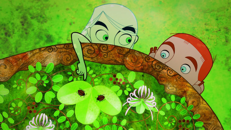 A boy and a fairy look at bugs crawling on leaves
