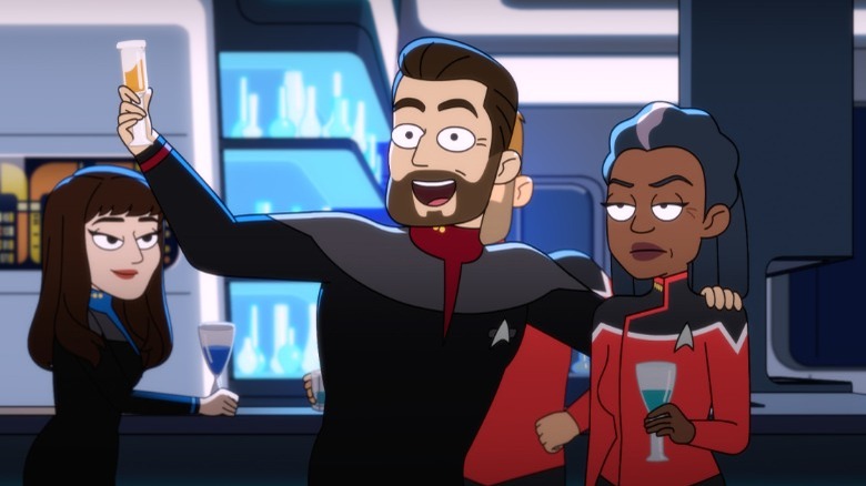 Riker and Troi celebrate with Freeman