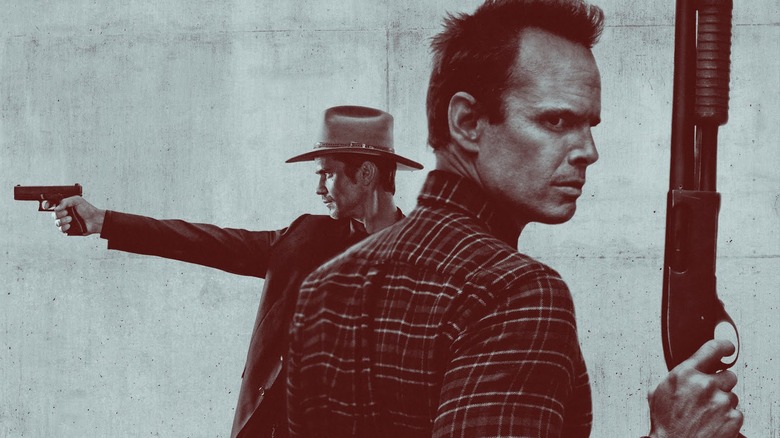 Promotional image showing Timothy Olyphant and Walton Goggins holding guns.