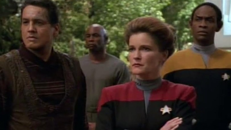 Robert Beltan as Chakotay Kate Mulgrew and Janeway and TIm Russ as Tuvok