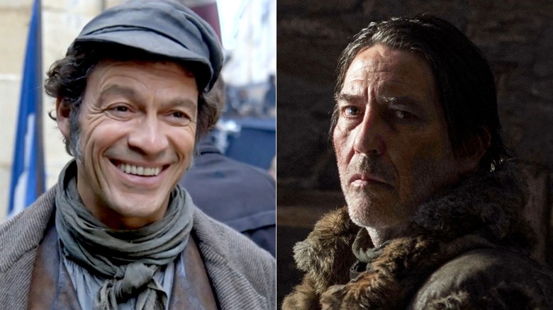Dominic West smiling as Jean Valjean in Les Mis/Ciaran Hinds as Mance Rayder in Game of Thrones