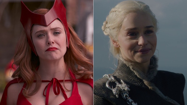 Elizabeth Olsen as Wanda in a classic Scarlet Witch outfit in WandaVision/Emilia Clarke as Daenerys smiling outside in Game of Thrones