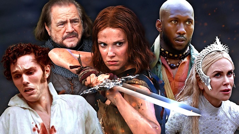 Nicholas Hoult as Thomas bleeding in Nosferatu, Brian Cox as Argyle in Braveheart, Millie Bobby Brown as Elodie in Damsel, Mahershala Ali as Mombasa in Predators, Nicole Kidman as Gudrun in The Northman
