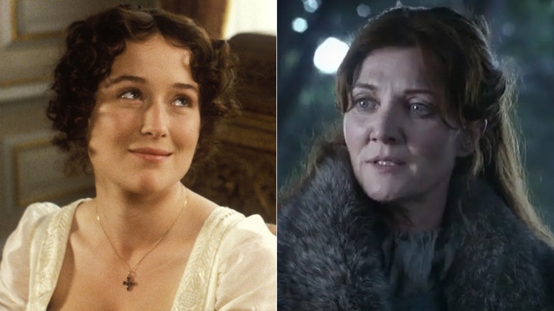 Jennifer Ehle as Elizabeth smiling in Pride & Prejudice; Michelle Fairley as Catelyn Stark in Game of Thrones