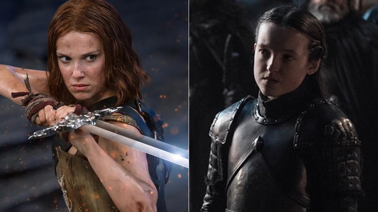 Millie Bobby Brown as Elodie wielding a sword in Damsel/Bella Ramsay as Lyanna Mormont wearing armor in Game of Thrones