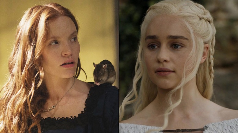 Tamzin Merchant as Anne with a rat on her shoulder in Salem/Emilia Clarke as Daenerys in a white dress in Game of Thrones