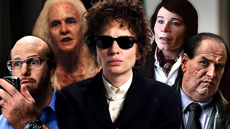 A collage of Tom Cruise as Les Grossman in Tropic Thunder. Mia Goth as old Pearl in X, Cate Blanchett as Bob Dylan in I'm Not There, Donald Glover as Teddy Perkins in Atlanta, and Colin Farrell as Penguin in The Batman