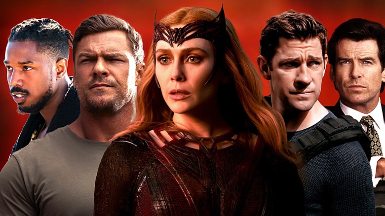 Composite image of Michael B. Jordan as Killmonger in Black Panther, Alan Ritchson as Jack Reacher in Reacher, Elizabeth Olsen as Scarlet Witch in Doctor Strange in the Multiverse of Madness, John Krasinski as Jack Ryan in Jack Ryan, and Pierce Brosnan as James Bond in GoldenEye