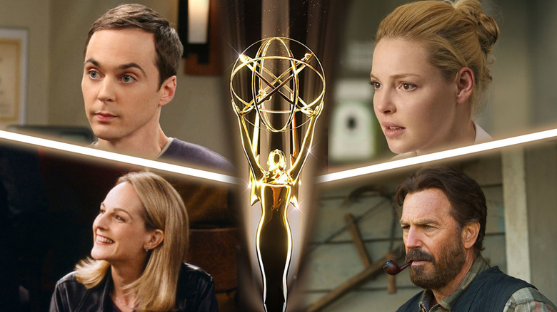 Images of Jim Parsons in The Big Bang Theory, Katherine Heigl in Grey's Anatomy, Helen Hunt in Mad About You and Kevin Costner in Hatfields & McCoys around an Emmy trophy