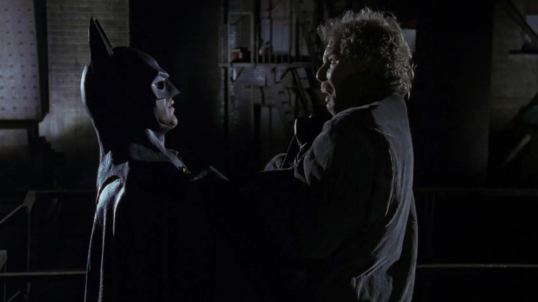 Michael Keaton's Batman makes an iconic introduction, to mugger Nick, played by Christopher Fairbanks