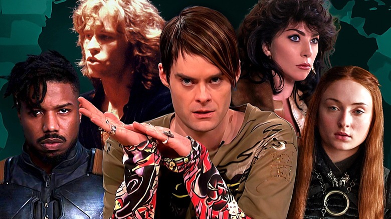 Michael B. Jordan as Killmonger in Black Panther, Val Kilmer as Jim Morrison in The Doors, Bill Hader as Stefon on SNL, Lady Gaga as Patrizia in House of Gucci, Sophie Turner as Sansa in Game of Thrones