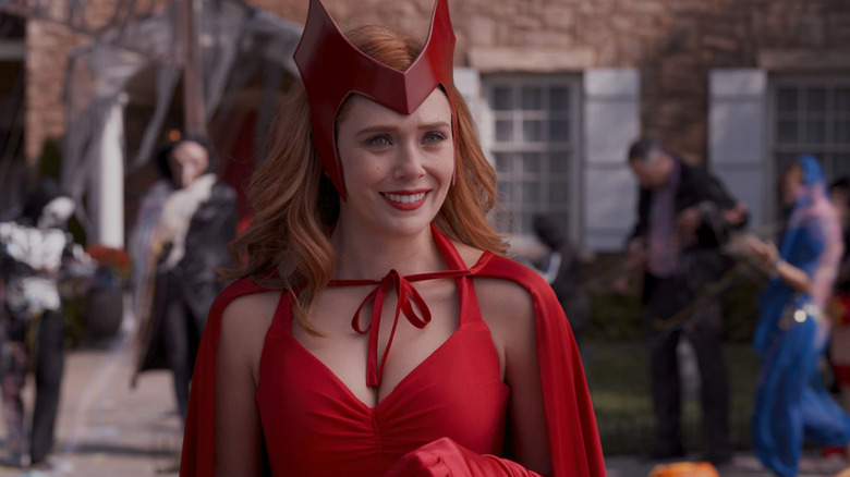 Elizabeth Olsen as Wanda Maximoff in a Scarlet Witch Halloween costume in WandaVision