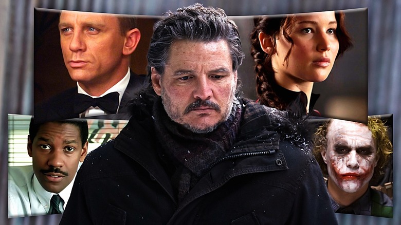Pedro Pascal as Joel in The Last of Us surrounded by screens featuring, from left to right, Denzel Washington as Joe Miller, Daniel Craig as James Bond, Jennifer Lawrence as Katniss Everdeen, and Heath Ledger as the Joker