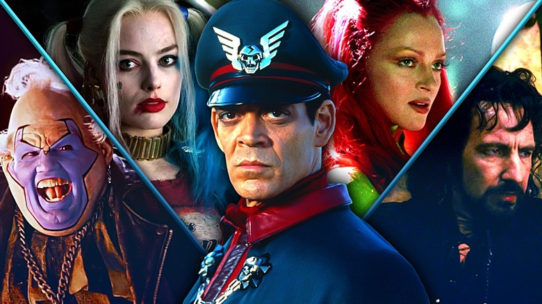 Composite image of John Leguizamo as Clown laughing in Spawn, Margot Robbie as Harley Quinn looking to the side in Suicide Squad, Raul Julia as M. Bison staring in Street Fighter, Uma Thurman as Poison Ivy looking to the side in Batman & Robin, and Alan Rickman as the Sheriff of Nottingham staring in Robin Hood: Prince of Thieves