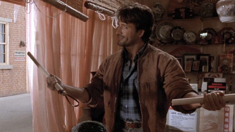 Jeff Speakman as Jeff Sanders ready to fight in a shop in The Perfect Weapon