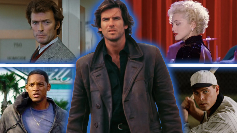 Pierce Brosnan in Taffin surrounded by Clint Eastwood in Dirty Harry, Madonna in Dick Tracy, Will Smith in Hancock, and Ray Liotta in Field of Dreams in a composite image