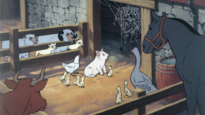 Wilbur and the other farm animals looking at Charlotte in Charlotte's Web