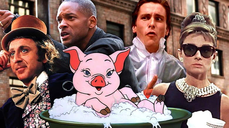 Composite of Gene Wilder as Willy Wonka, Will Smith as Robert Neville, Wilbur the pig from Charlotte's Web, Christian Bale as Patrick Bateman, and Audrey Hepburn as Holly Golightly