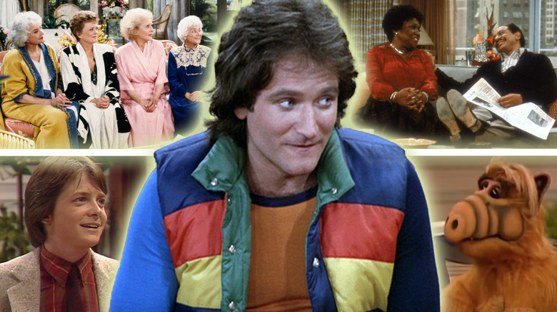 Bea Arthur, Rue McClanahan, Betty White, and Estelle Getty Dorothy, Blanche, Rose, and Sophia in Golden Girls, Isabel Sanford and Sherman Hemsley as George and Louise Jefferson in The Jeffersons, Michael J. Fox as Alex P. Keaton in Family Ties, Alf from ALF, and Robin Williams as Mork from Mork & Mindy
