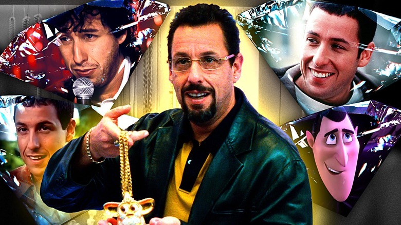 Adam Sandler as Howard Ratner in Uncut Gems next to gems featuring Robbie from The Wedding Singer, Happy from Happy Gilmore, Sonny from Big Daddy, and Dracula from Hotel Transylvania