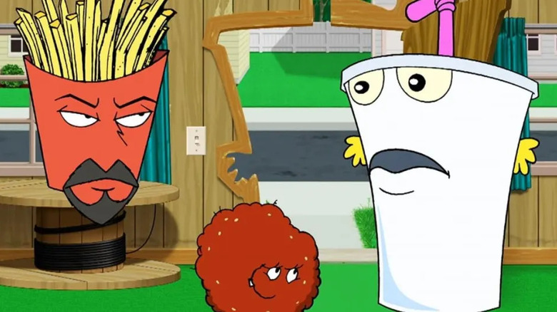 Frylock (Carey Means) and Meatwad (Dave Willis) glance at a worried Master Shake (Dana Snyder) in Aqua Teen Hunger Force