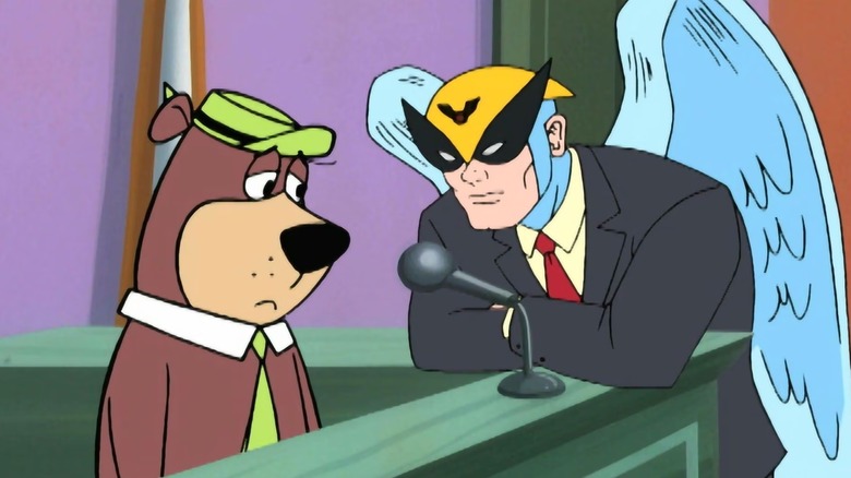 Yogi Bear (Maurice LaMarche) is cross-examined by Harvey Birdman (Gary Cole) in Harvey Birdman, Attorney at Law