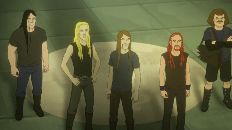 Dethlok stands together in a spotlight in Metalocalypse