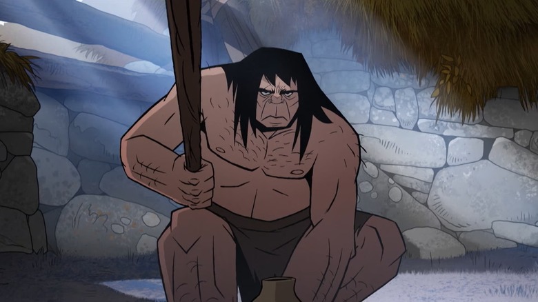Speak looks up grimly holding his spear in Primal