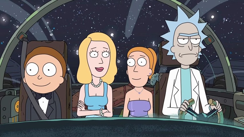 Rick Sanchez (Ian Cardoni) nonchalantly pilots a spaceship with his family in Rick and Morty