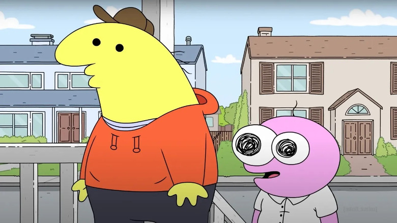 Charlie Dompler (Zach Hadel) and Pim Pimling (Michael Cusack) stand together on a porch in Smiling Friends