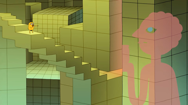 Jake points at Prismo in abstract dream world in Adventure Time