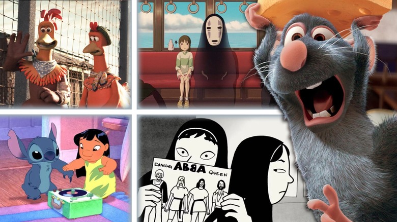 Rocky and Ginger from Chicken Run, Chihiro and No-Face from Spirited Away, Remy from Ratatouille, Stitch and Lilo from Lilo & Stitch, and Marjane and another girl from Persepolis