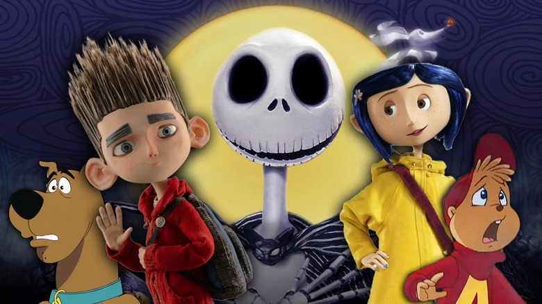 Scooby-Doo, ParaNorman, Jack Skellington, Coraline, and Alvin in a composite image