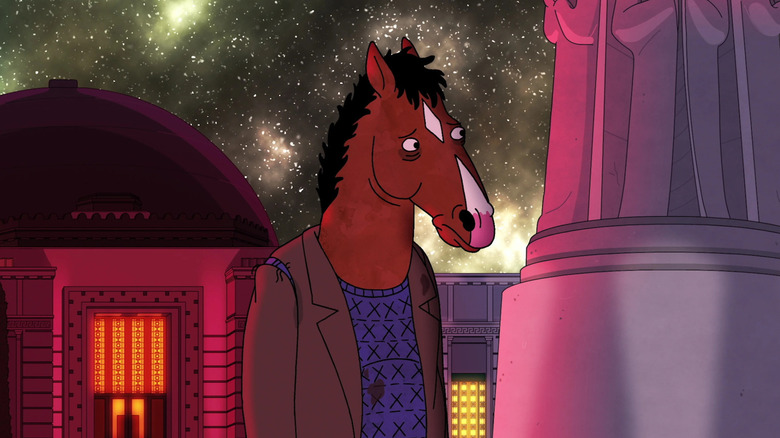 A disheveled BoJack Horseman (Will Arnett) stands in front of the Griffith Observatory in BoJack Horseman