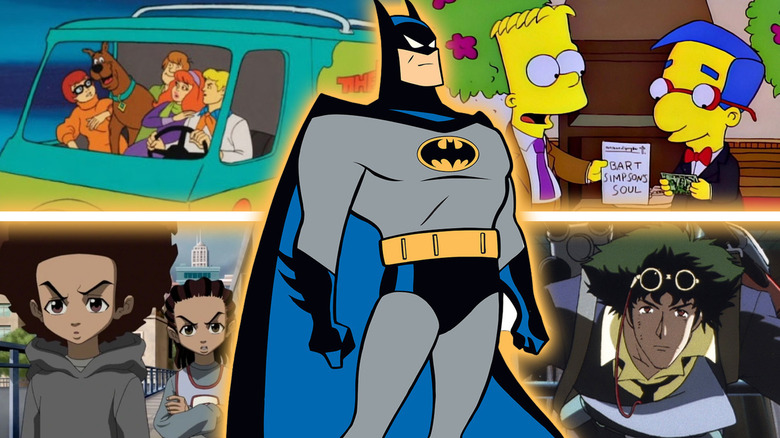 A collage of Batman (Kevin Conroy) in Batman: The Animated Series surrounded by, in clockwise order, Bart Simpson (Nancy Cartwright) and Milhouse Van Houten (Pamela Hayden) in The Simpsons, Spike Spiegel in Cowboy Bebop, Huey Freeman (Regina King) and Riley Freeman (Regina King) in The Boondocks, and the Mystery Machine crew in Scooby-Doo, Where Are You!