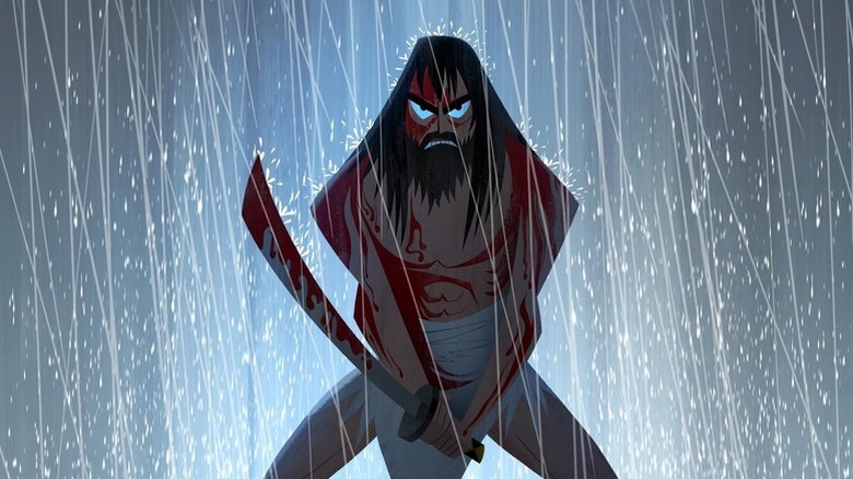 A bloody and hairy Jack (Phil LaMarr) holds his sword in the pouring rain in Samurai Jack