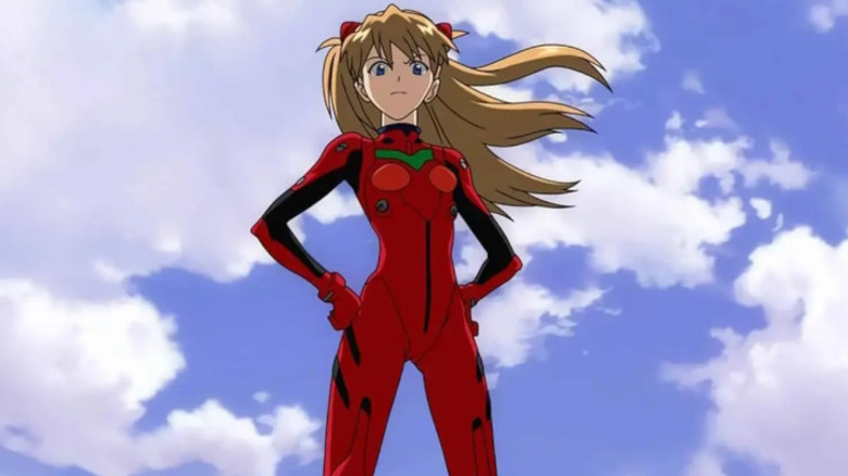 Asuka Langley Soryu stands ready in her pilot outfit in Neon Genesis Evangelion
