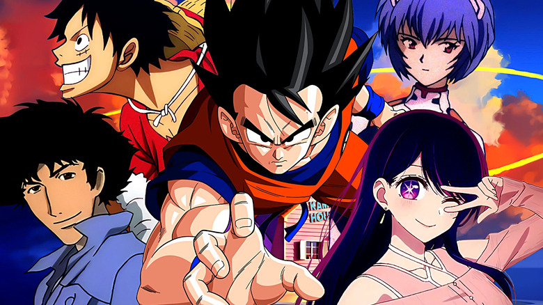 A collage of Goku charging into action in Dragon Ball Z surrounded by Spike Spiegel in Cowboy Bebop, Monkey D. Luffy in One Piece, Rei Ayanami in Neon Genesis Evangelion, and Ai Hoshino in Oshi no Ko