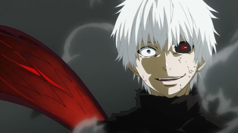 Ken Kaneki stands unhinged with a darkened eye in the smoke in Tokyo Ghoul
