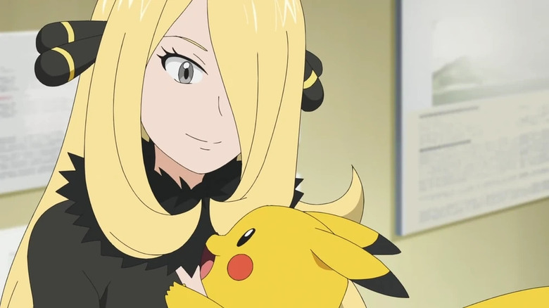 Cynthia smiling at Ash's Pikachu in Pokemon Journeys