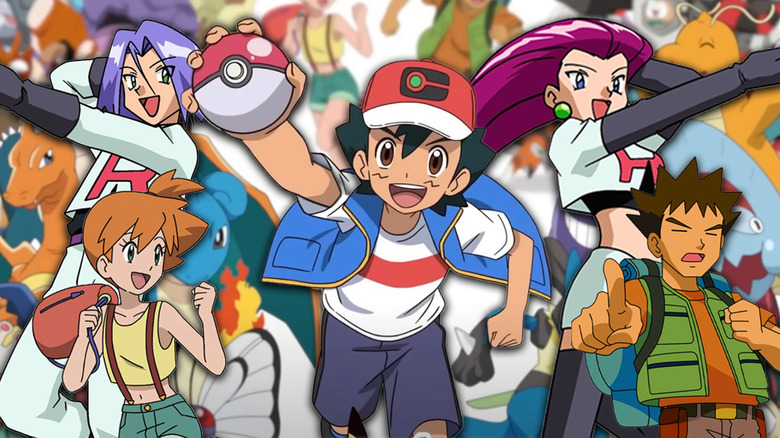 Ash, Misty, Brock, Team Rocket, in front of a bunch of Pokémon