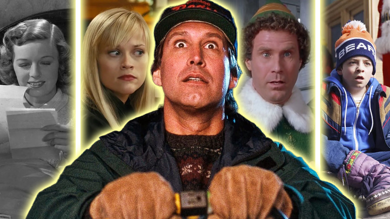 A composite image of stills from The Shop Around the Corner, Four Christmases, National Lampoon's Christmas Vacation, Elf, and 8-Bit Christmas