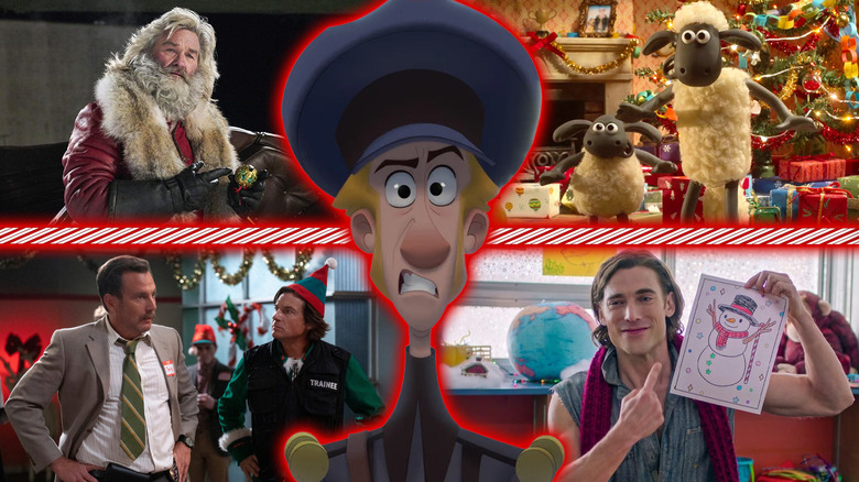 Kurt Russell in Christmas Chronicles, Shaun the Sheep: The Flight Before Christmas, Will Arnett and Jason Bateman in Who Killed Santa? A Murderville Mystery, and Dustin Milligan in Hot Frosty around Jesper in Klaus in a composite image