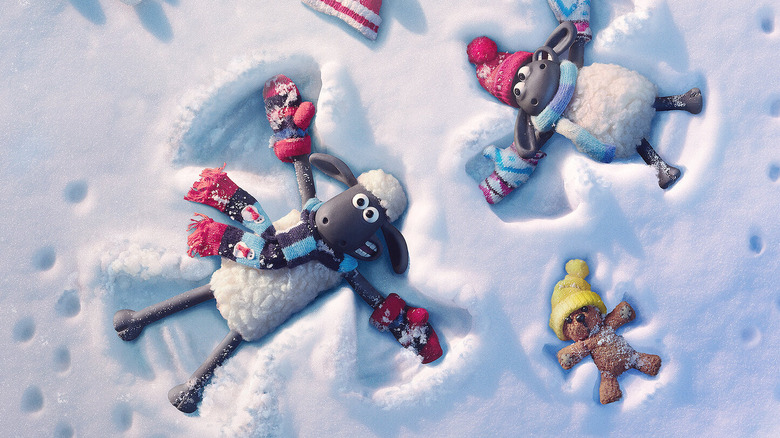 Shaun and Timmy making snow angels in Shaun the Sheep: The Flight Before Christmas