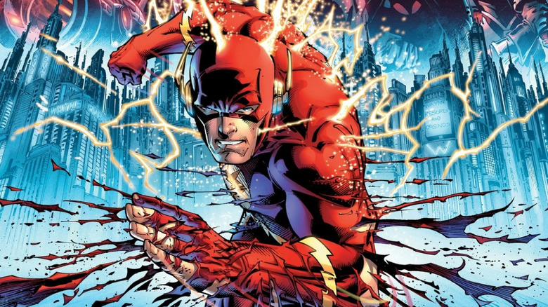 Barry Allen's Flash racing and getting his costume shredded in Flashpoint