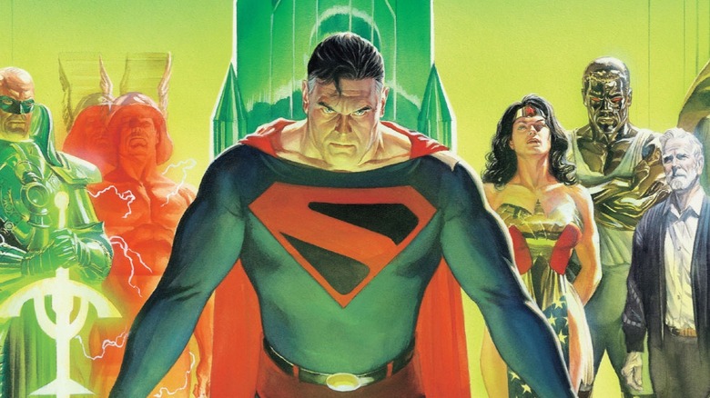 An older Superman surrounded by Green Lantern, Flash, and Wonder Woman in Kingdom Come